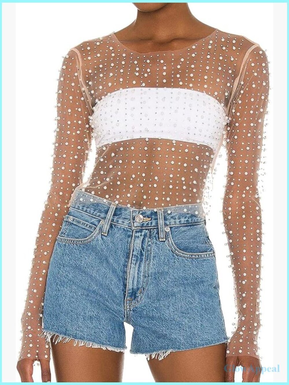 Pearl Rhinestone Sheer Mesh Crop Top Long Sleeve Blouse Clubwear